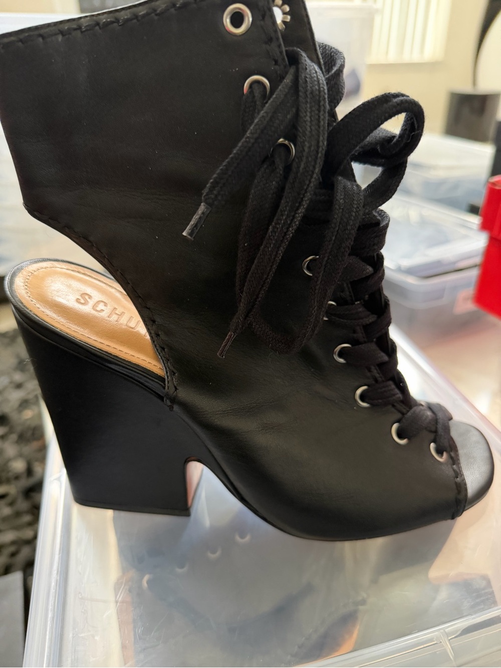 SCHUTZ Black Lace-Up Open Toe Heels - Picture 5 of 6